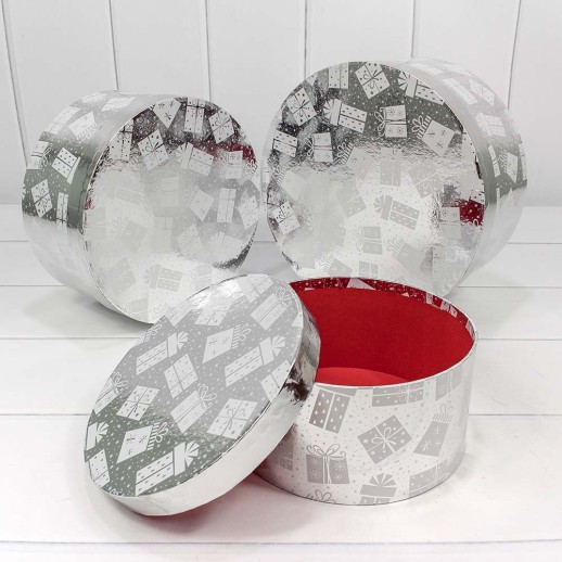 Коробки Круглые Набор 1/3 25,5*11,5 "Подарки" Серебряный 1/12 Арт: 7302245/1636
